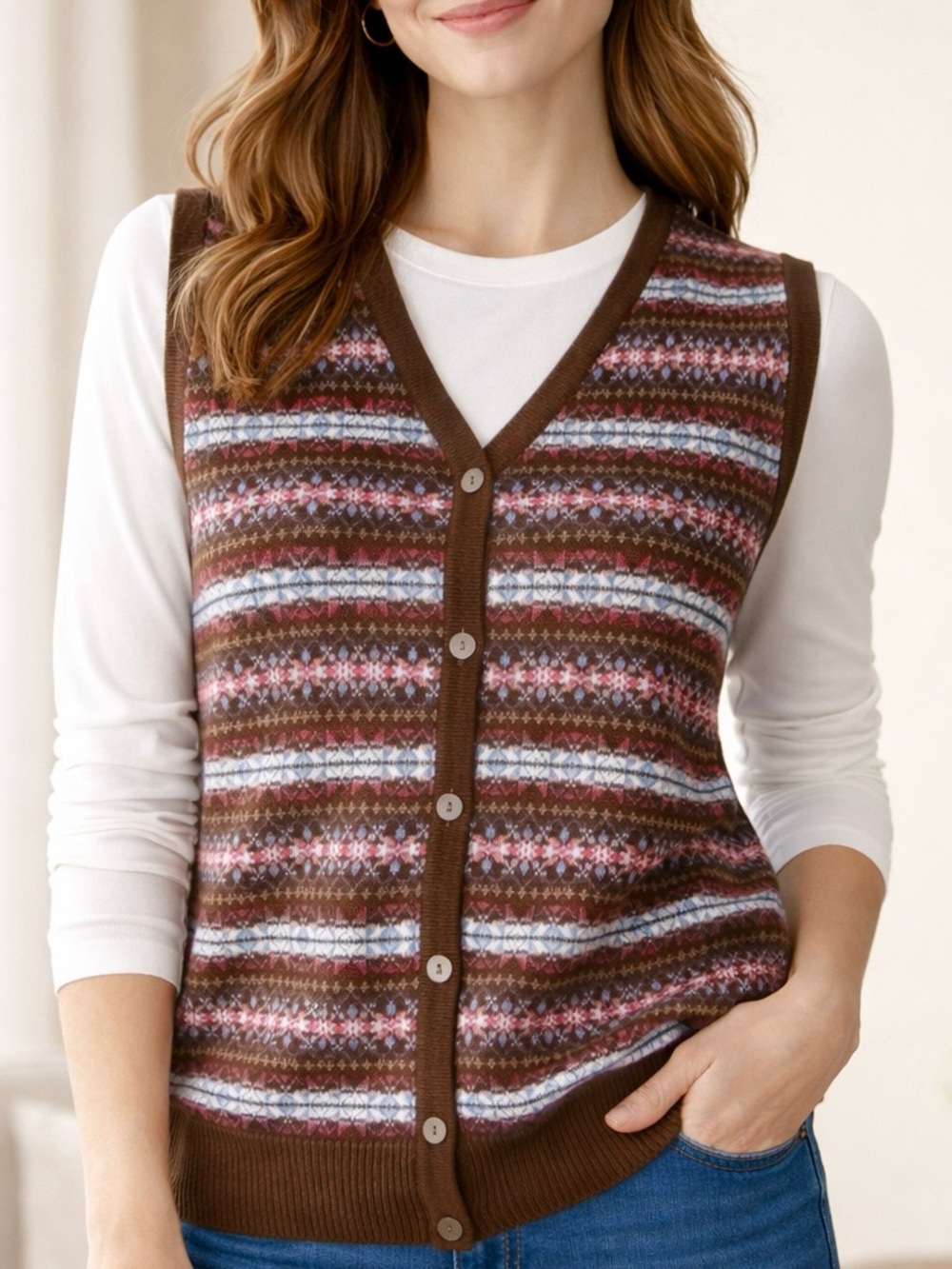 NEW Size L Liz Claiborne Liz Sport Brown Multi Cotton Knit Patterned Golf Vest
